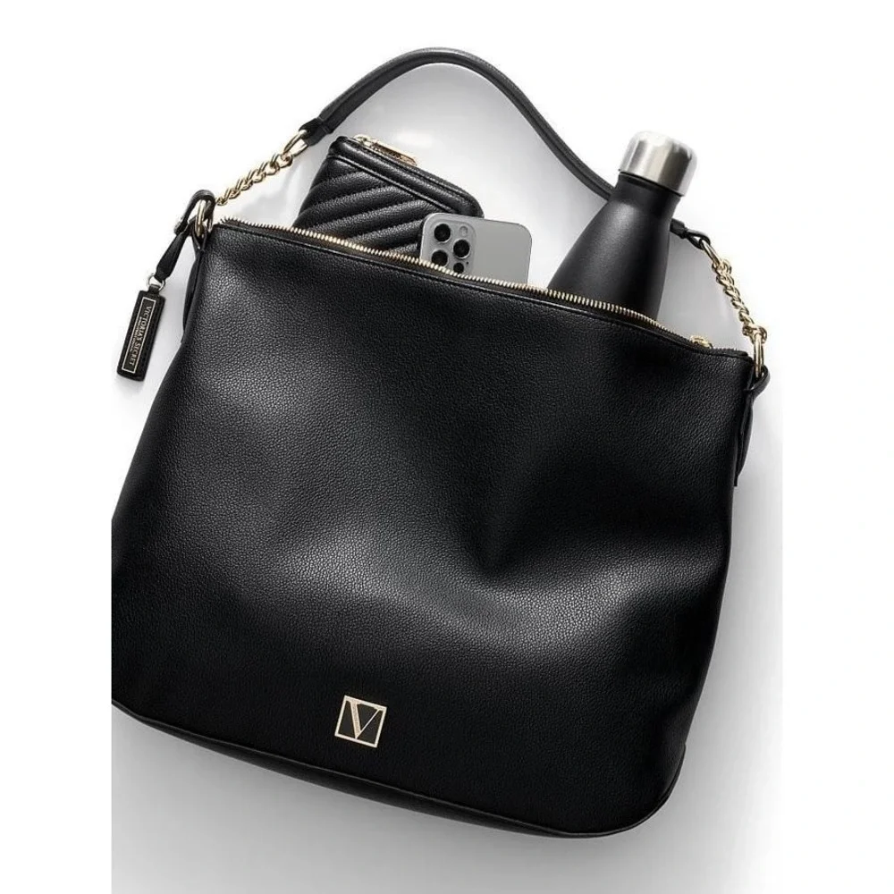 The Victoria Secret Black Pebbled Faux Leather Hobo Shoulder Bag Satchel Tote